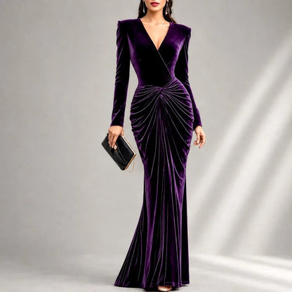 Women's Long Sleeve V-Neck Mermaid Gown with Ruched Waist