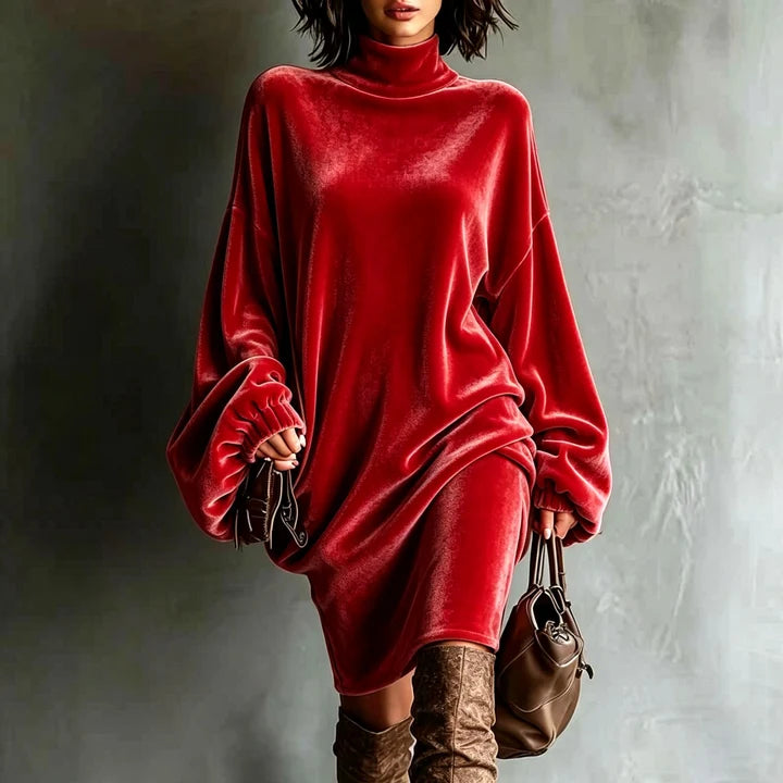 Women's Oversized Velvet Dress with Batwing Sleeves and Mock Neck