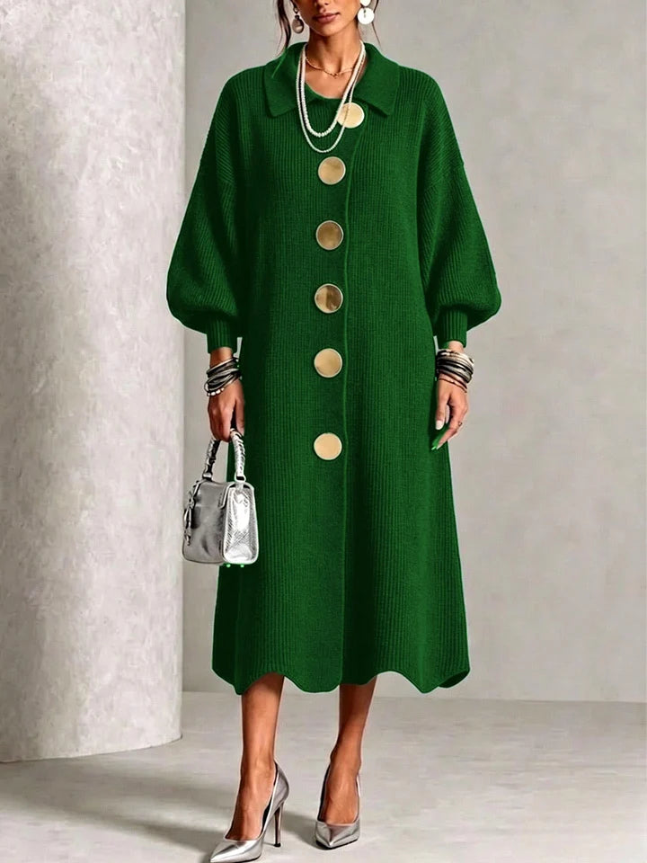 Women's Ribbed Knit Midi Dress with Collared Neck and Balloon Sleeves