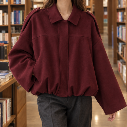 Cropped Suede Blouson Jacket with Gathered Hem