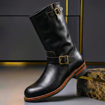 Men’s Genuine Leather Engineer Boots with Dual Buckle Straps