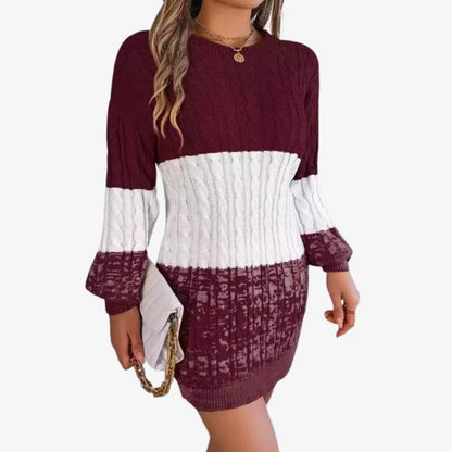 Women's Cable Knit Mini Sweater Dress with Textured Panels and Long Sleeves
