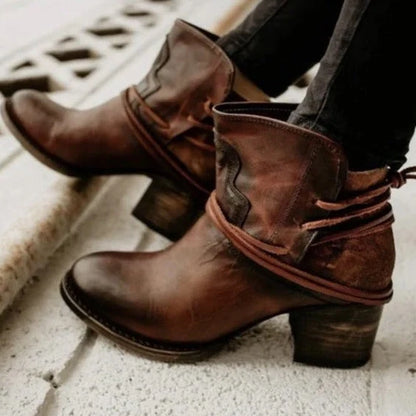 Women’s Leather Lace-Up Ankle Boots with Chunky Block Heel