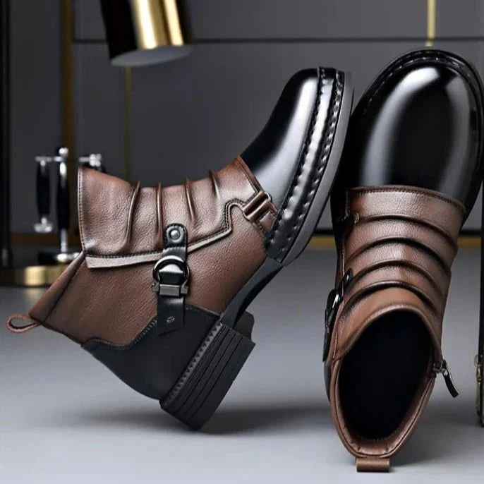 Men’s Leather Ankle Boots with Layered Fold and Buckle Detail