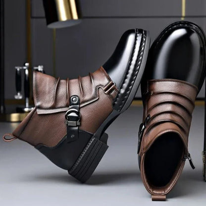 Men’s Leather Ankle Boots with Layered Fold and Buckle Detail