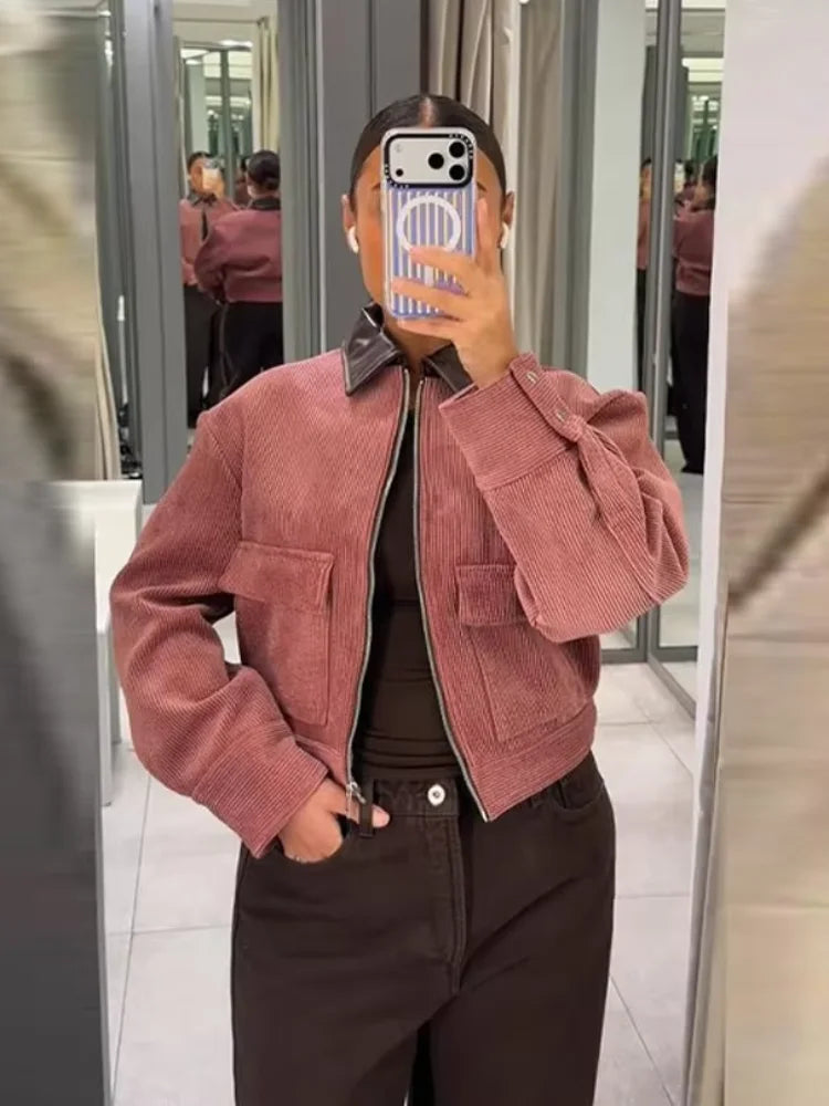 Women’s Cropped Textured Bomber Jacket with Zip Front and Sleeve Details