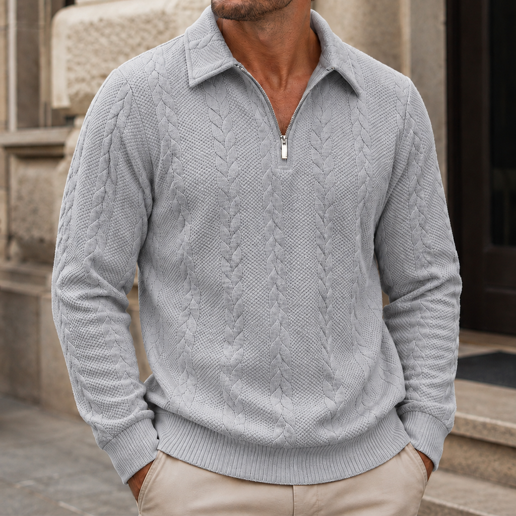 Men’s Textured Cable-Knit Collared Half-Zip Sweater