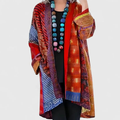 Women’s Longline Open-Front Patchwork Print Draped Cardigan with Flowing Sleeves