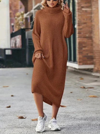 Women's Ribbed Turtleneck Maxi Sweater Dress with Long Sleeves