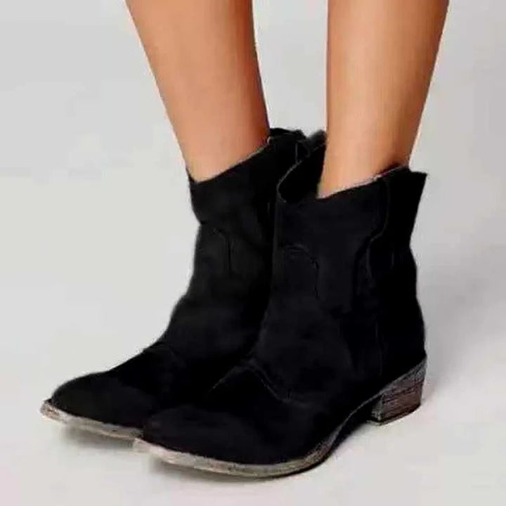 Women’s Distressed Suede Ankle Booties with Low Block Heel