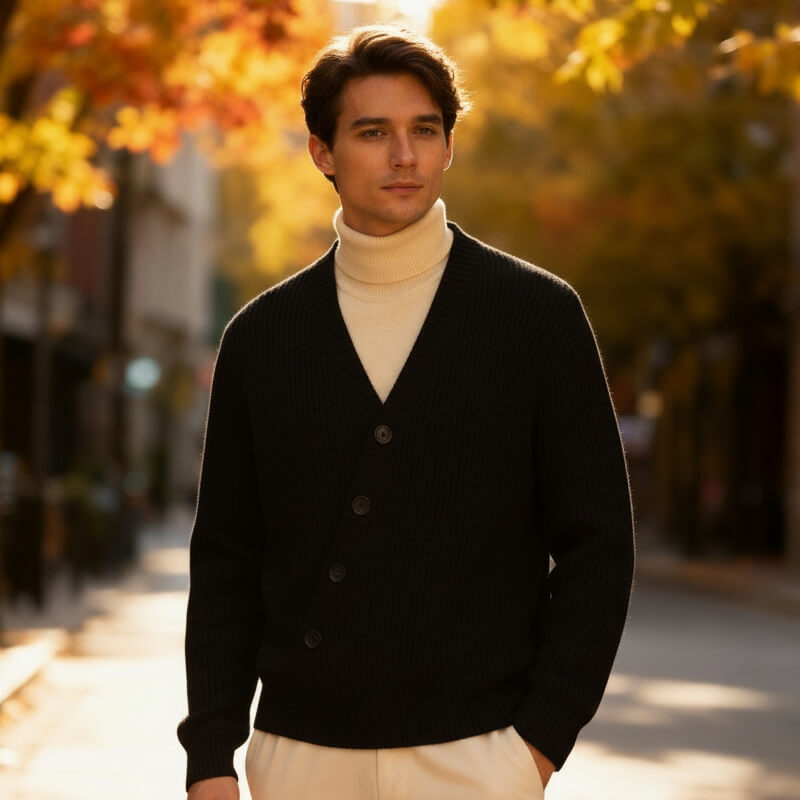 Men’s Stretch Ribbed V-Neck Button Cardigan