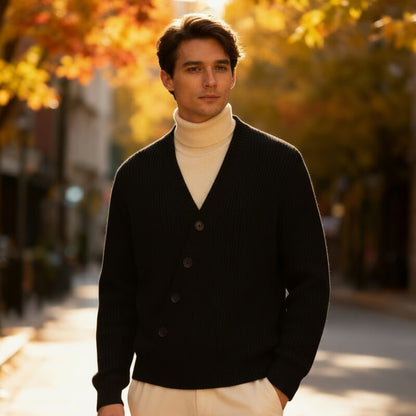 Men’s Stretch Ribbed V-Neck Button Cardigan