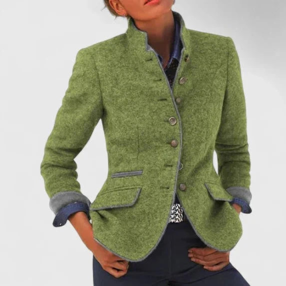 Women’s Tailored Stand-Collar Blazer Jacket with Contrast Piping and Turn-Back Cuffs