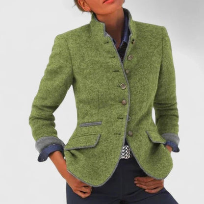 Women’s Tailored Stand-Collar Blazer Jacket with Contrast Piping and Turn-Back Cuffs