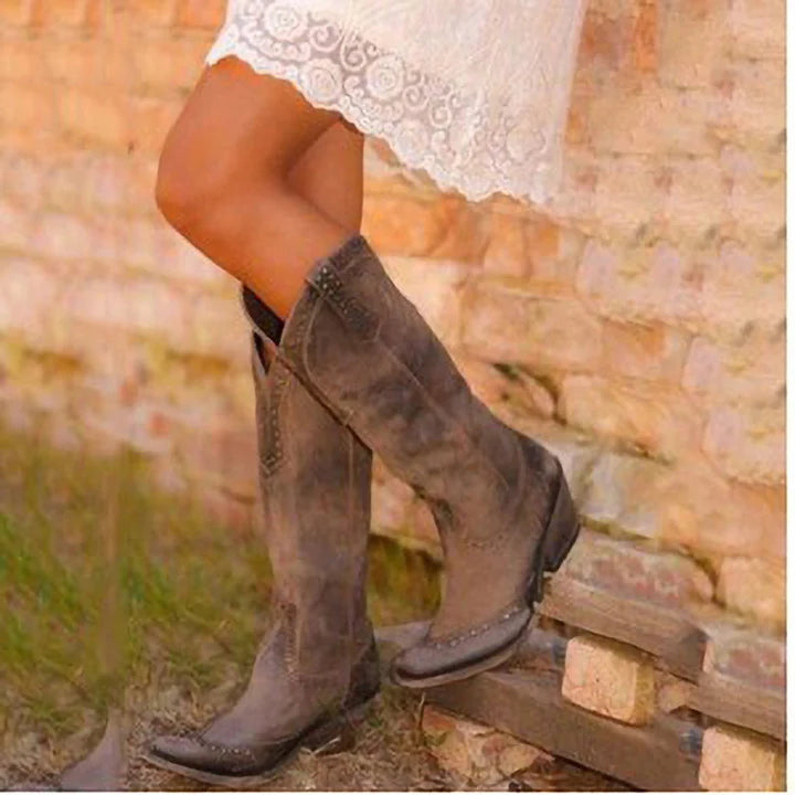 Women’s Studded Suede Cowboy Boots with Stacked Heel