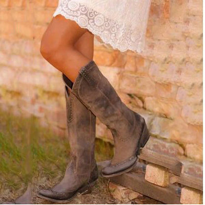 Women’s Studded Suede Cowboy Boots with Stacked Heel