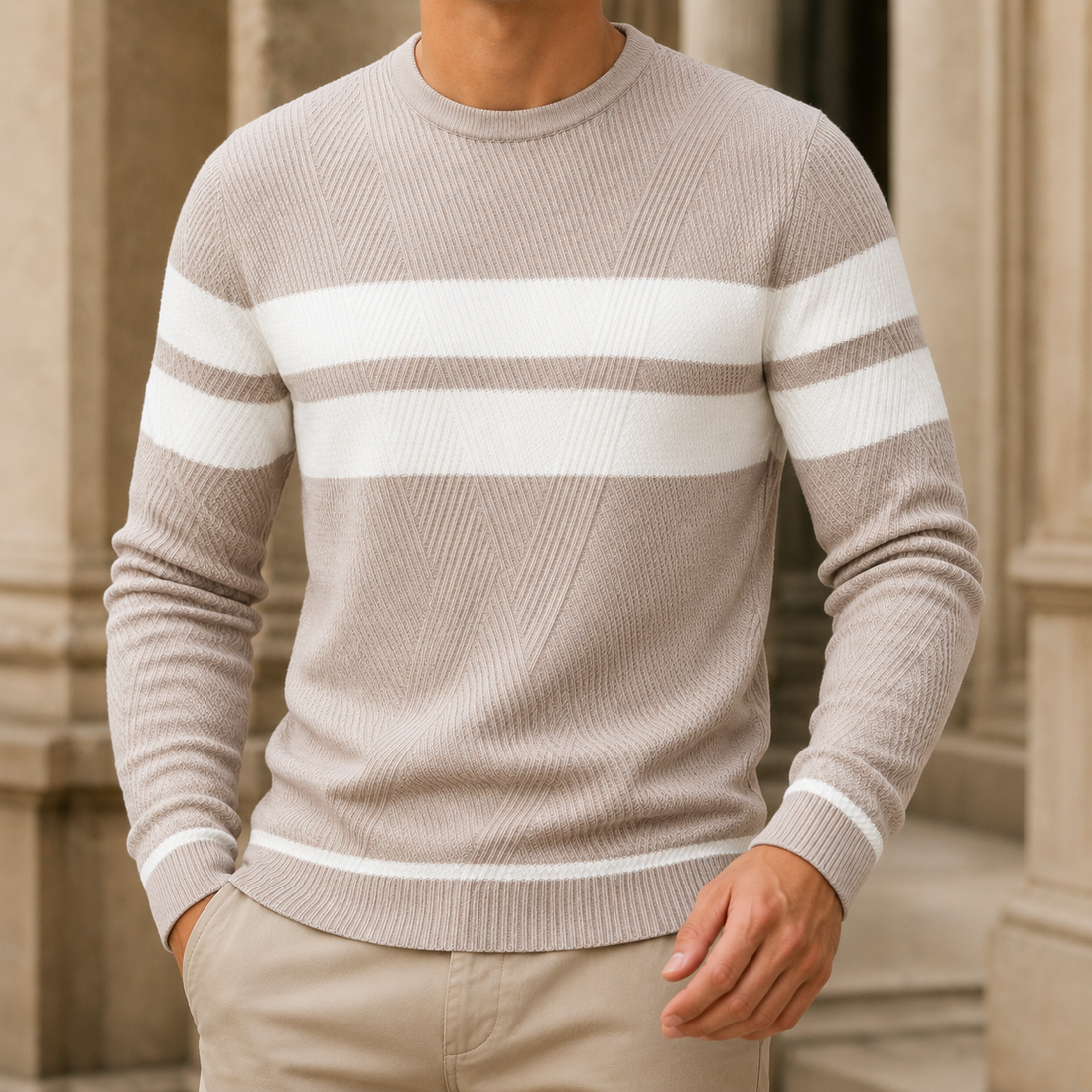 Men’s Textured Geometric Stripe Crewneck Sweater