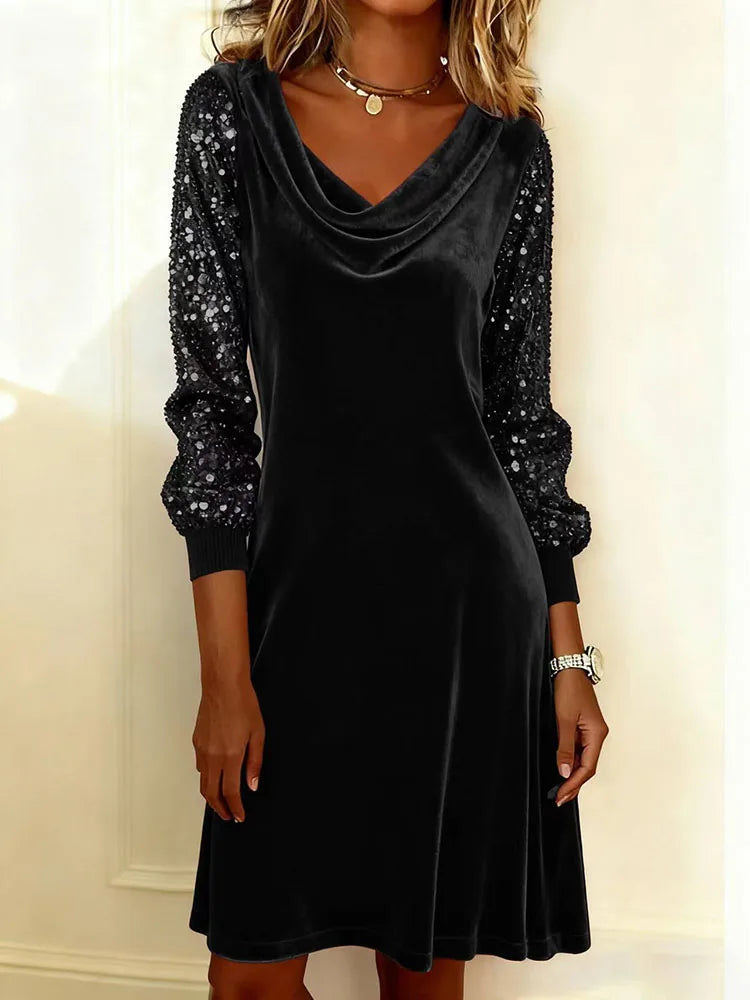 Women's Velvet Dress with Shimmering Sequin Sleeves