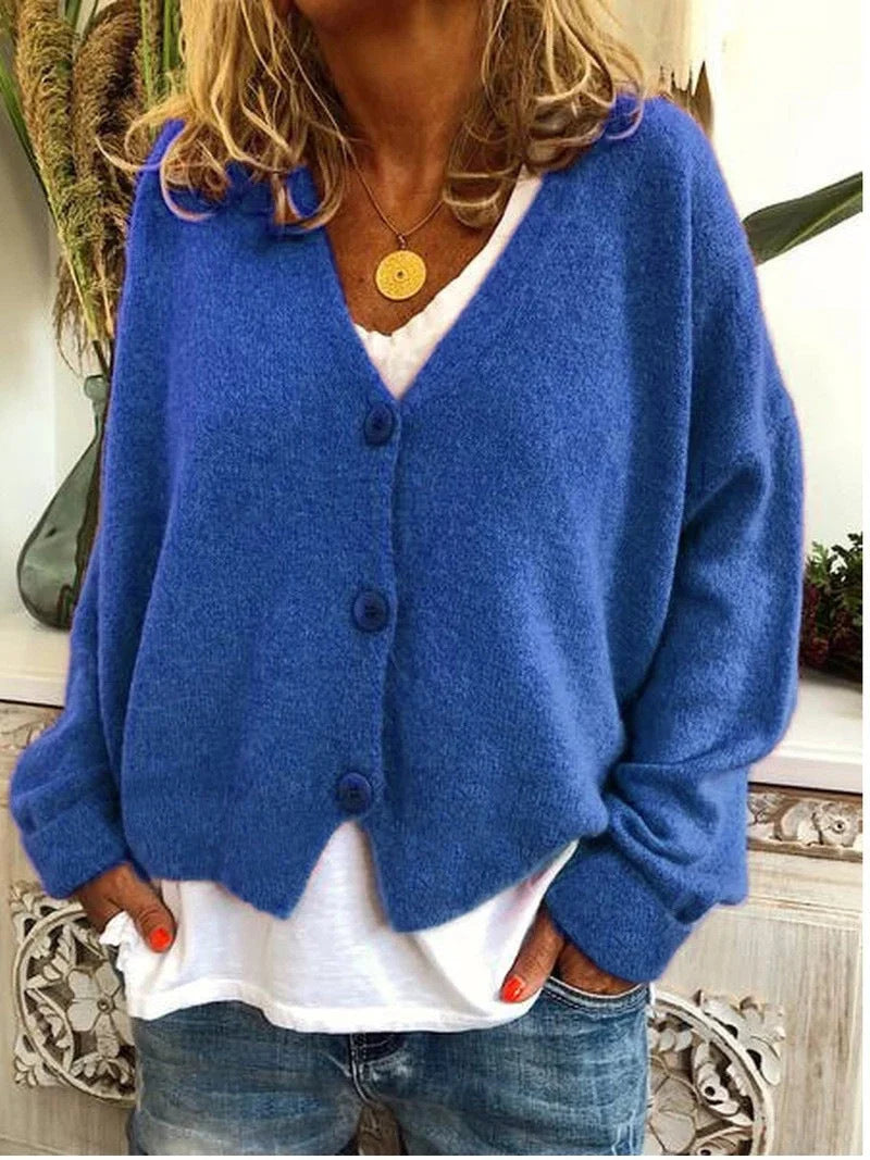 Women’s Cropped V-Neck Smooth Knit Button Cardigan