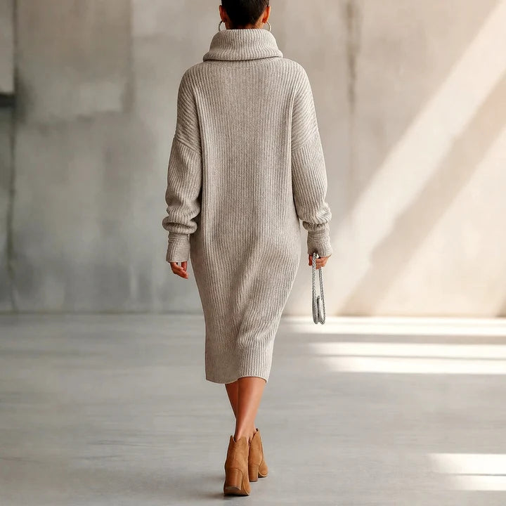 Women's Oversized Turtleneck Ribbed Sweater Dress with Button Detail
