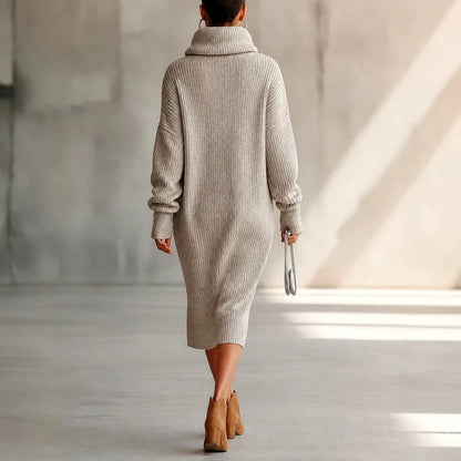 Women's Oversized Turtleneck Ribbed Sweater Dress with Button Detail