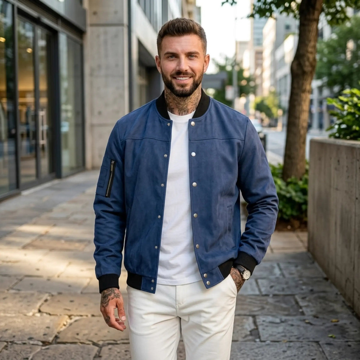Men’s Suede-Texture Stand Collar Button-Up Jacket