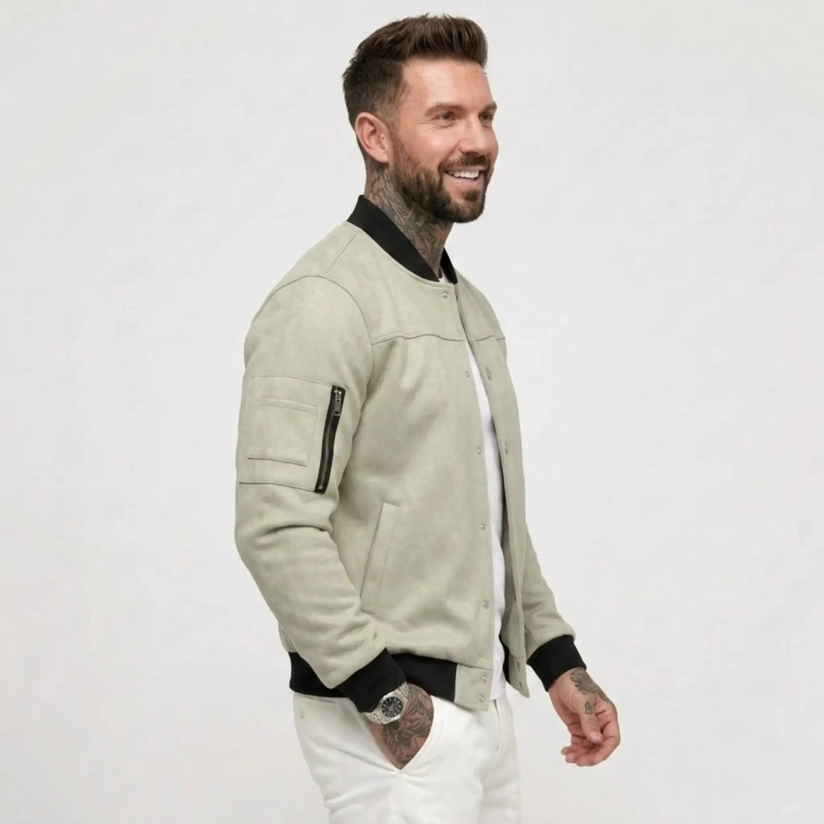 Men’s Suede-Texture Stand Collar Button-Up Jacket