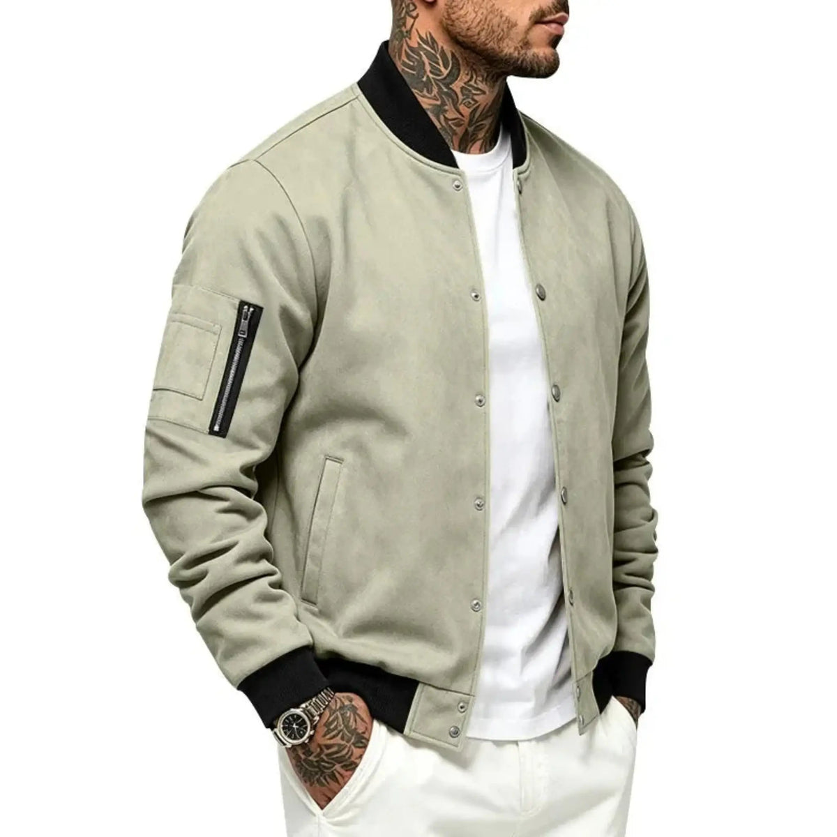 Men’s Suede-Texture Stand Collar Button-Up Jacket