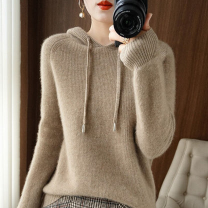 Women’s Relaxed Cashmere Knit Drawstring Hooded Pullover
