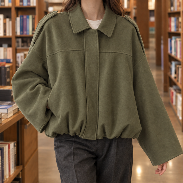 Cropped Suede Blouson Jacket with Gathered Hem