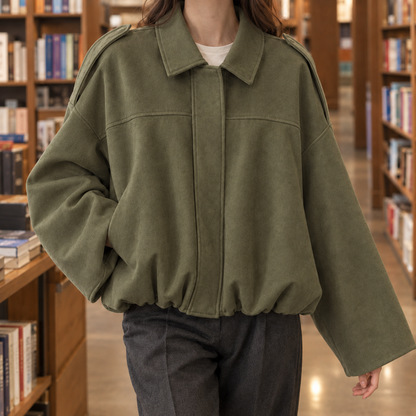 Cropped Suede Blouson Jacket with Gathered Hem