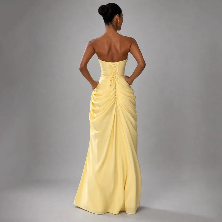Women's Strapless Ruched Evening Gown with High Side Slit