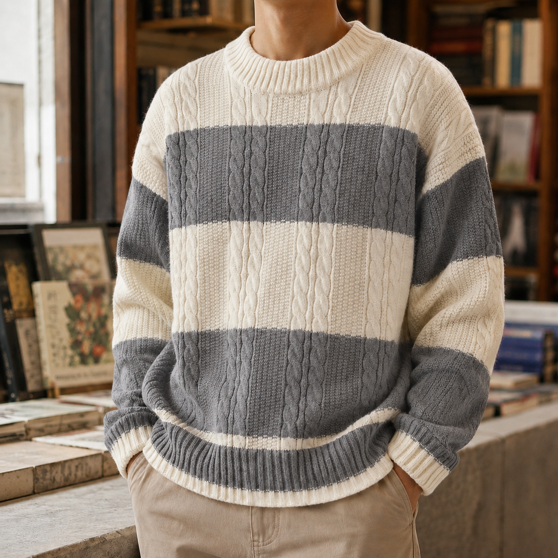 Men’s Color-Block Cable Knit Crewneck Sweater