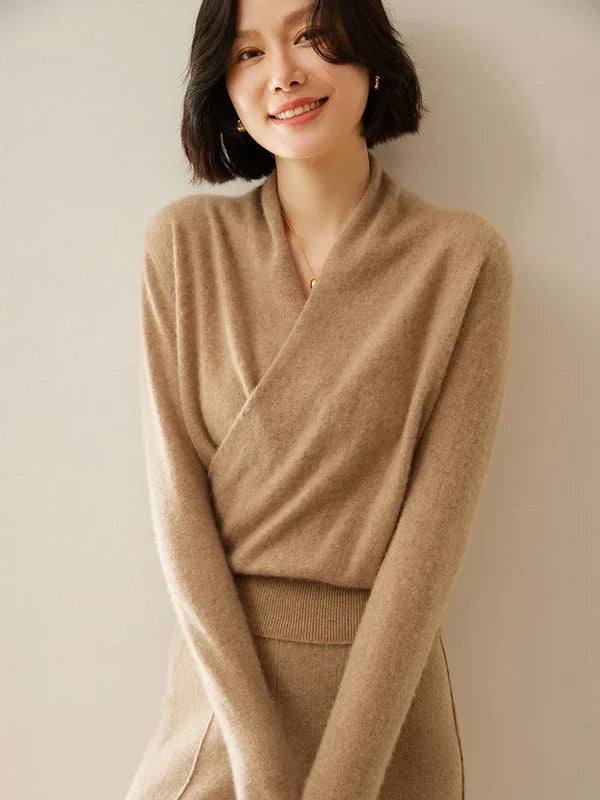 Women’s Crossover Neck Slim-Fit Knit Sweater with Ribbed Trim