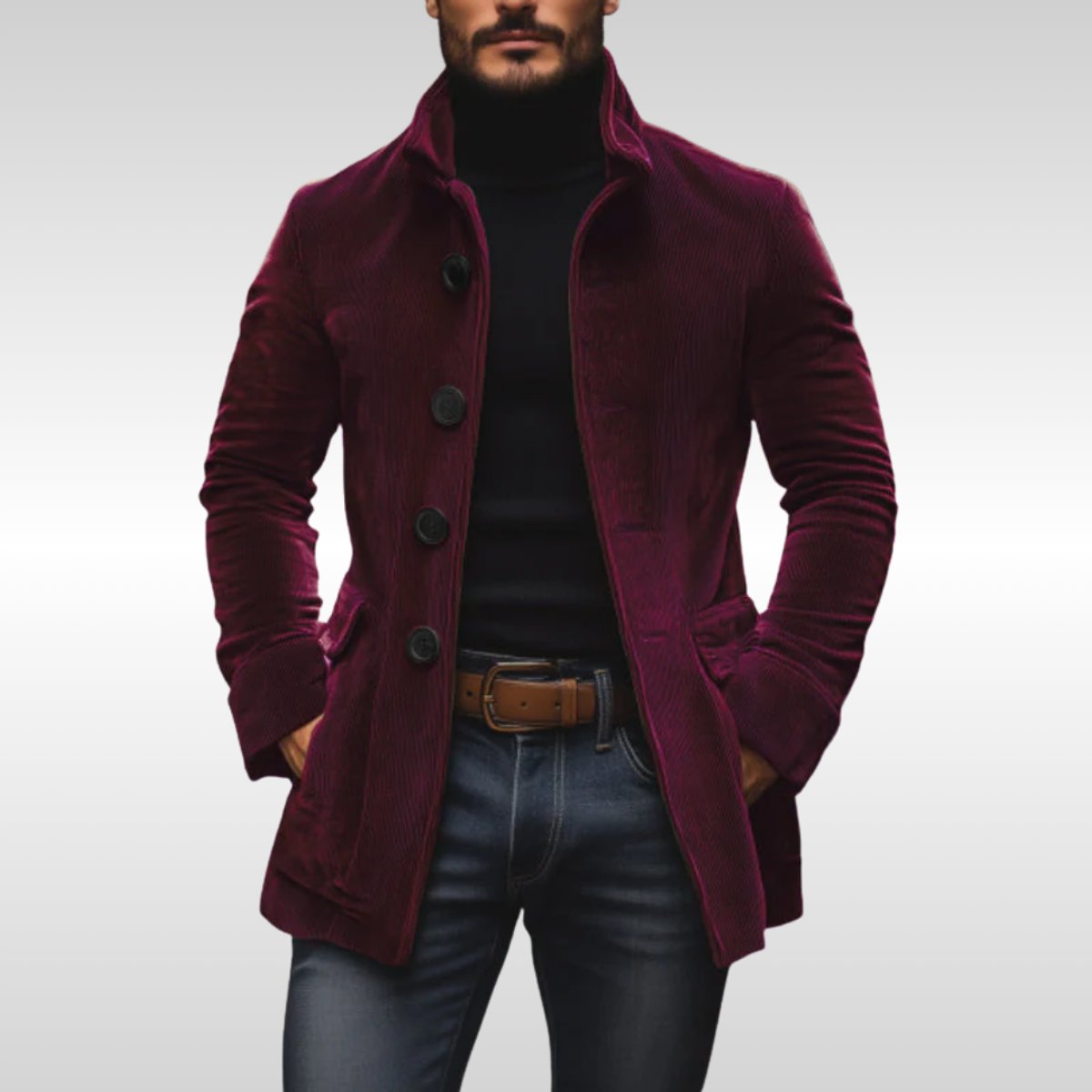 Men’s Slim-Fit Corduroy Stand-Collar Wool Coat