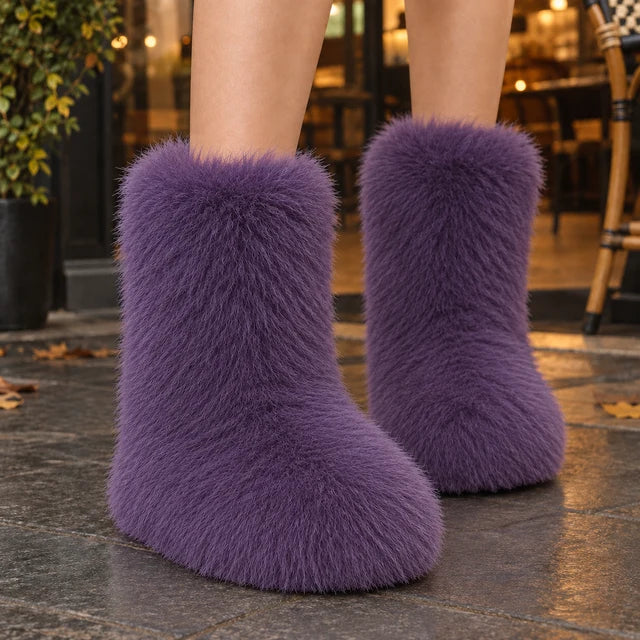Women’s Mid-Calf Plush Boots with Rounded Toe and Flat Sole