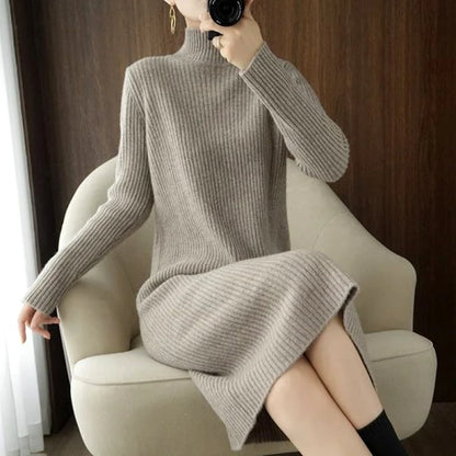 Women's Slim-Fit Ribbed Knit Dress with High Neck and Long Sleeves