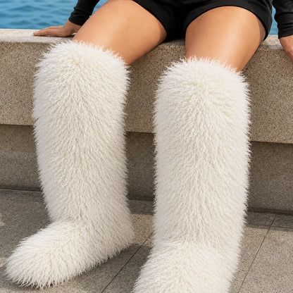 Women’s Thigh-High Shaggy Boots with Plush Curly Texture