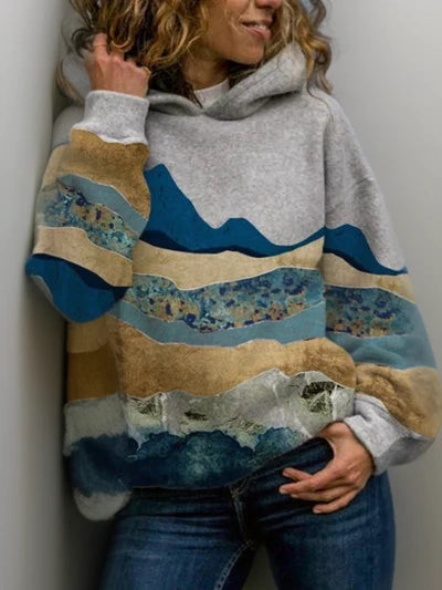 Women’s Oversized Mountain Landscape Printed Pullover Hoodie