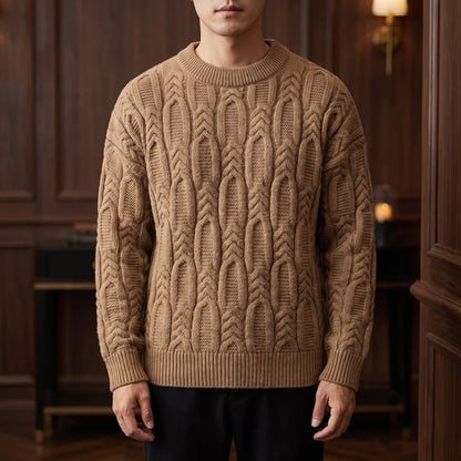 Textured Cable Knit Relaxed Crew Neck Sweater