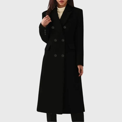 Women’s Long Tailored Wool Coat with Double-Breasted Front