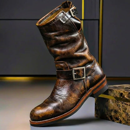 Men’s Genuine Leather Engineer Boots with Dual Buckle Straps