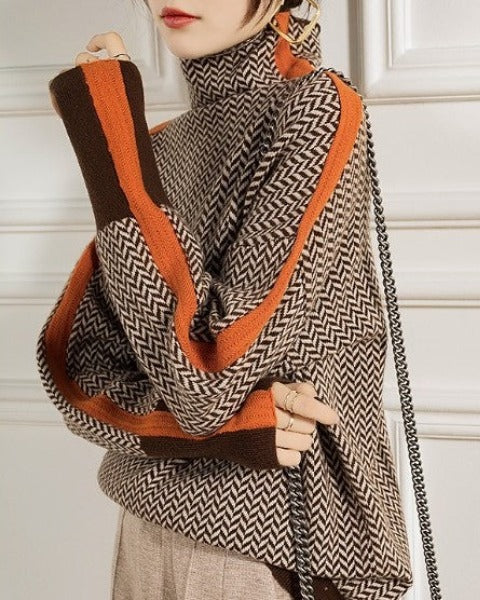 Women’s Geometric Print High-Neck Soft Knit Sweater