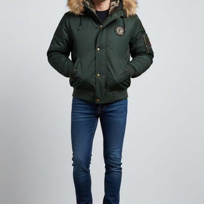 Men’s Quilted Bomber Jacket with Faux Fur-Trimmed Hood