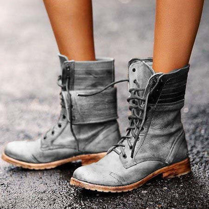 Women’s Vintage Lace-Up Combat Boots with Foldable Shaft