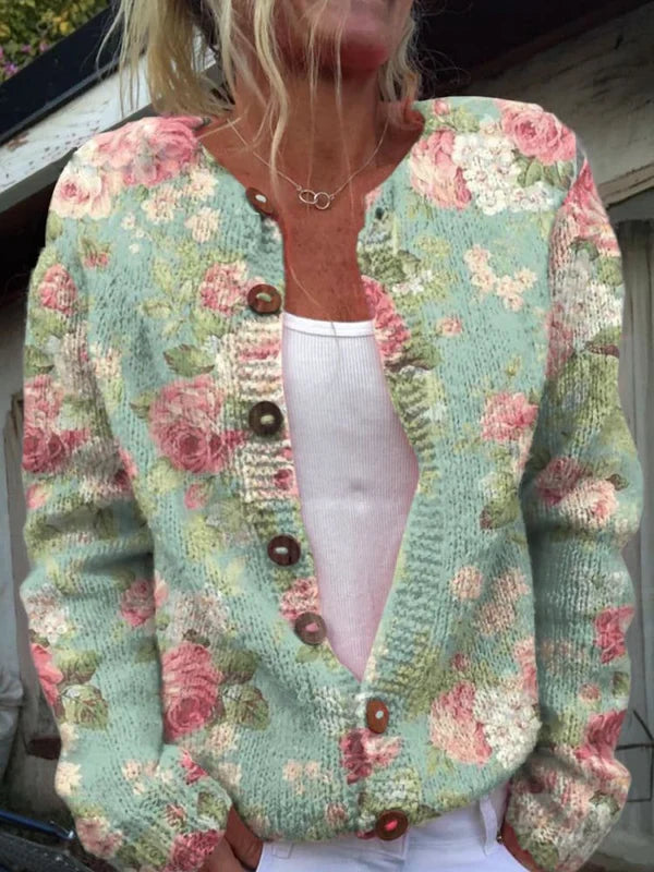 Women’s Printed Textured Knit Button-Front Relaxed Cardigan
