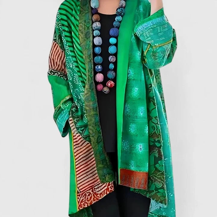 Women’s Longline Open-Front Patchwork Print Draped Cardigan with Flowing Sleeves