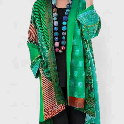 Women’s Longline Open-Front Patchwork Print Draped Cardigan with Flowing Sleeves