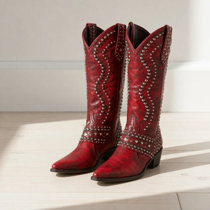 Women’s Studded Knee-High Western Boots with Pointed Toe