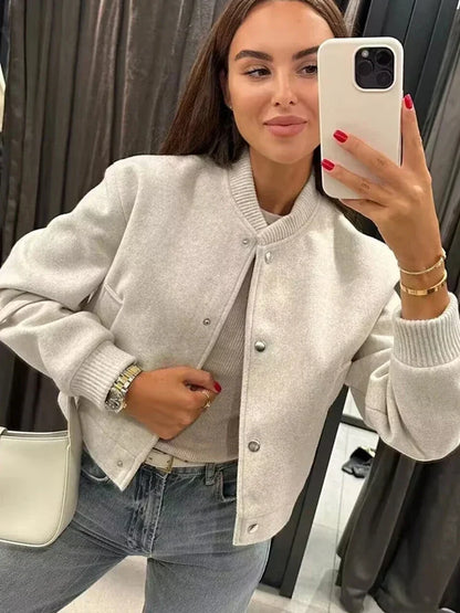 Women’s Cropped Bomber Jacket with Classic Button Closure and Relaxed Fit